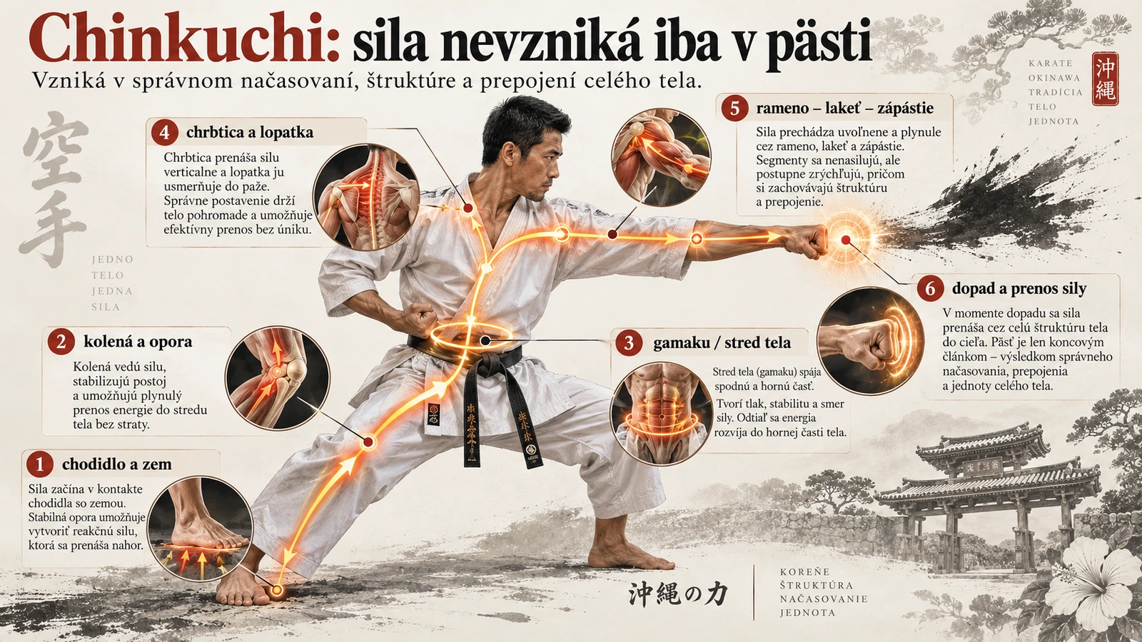 Infografika prenosu sily pri Chinkuchi od chodidla cez gamaku po dopad