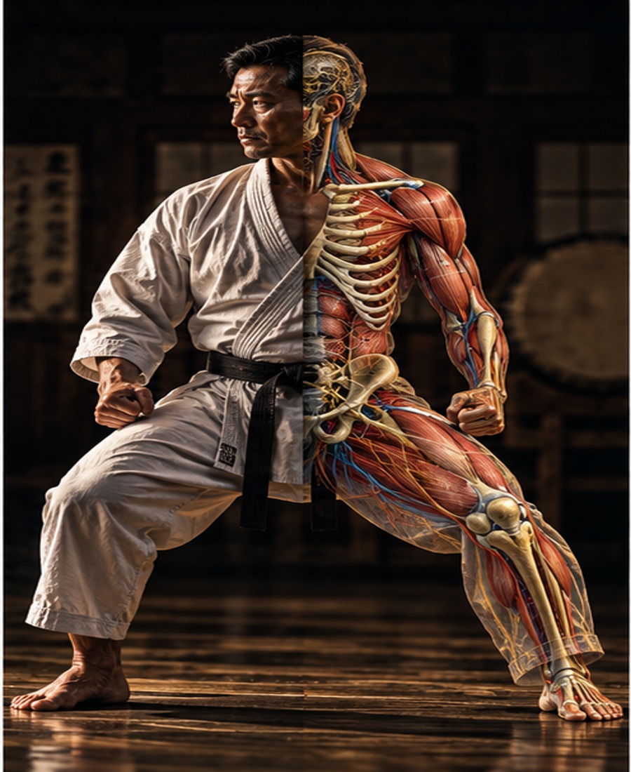 Karateka s anatomickou vrstvou svalov, kostry, nervov a ciev – redakčná vizualizácia