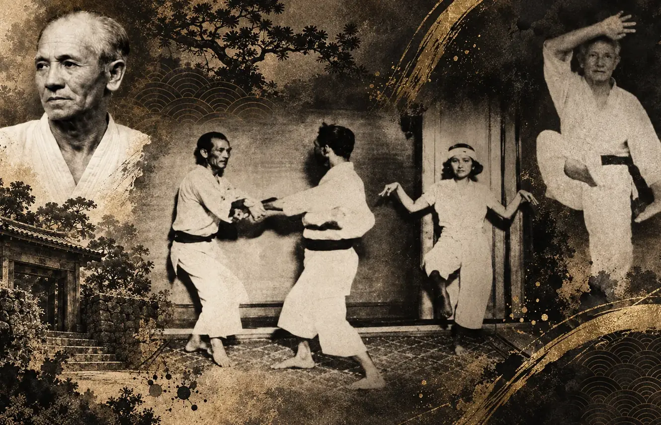 Novodobá grafická koláž histórie okinawského karate s motívmi majstrov a kata. Nie je autentickým dobovým záznamom jednej udalosti.
