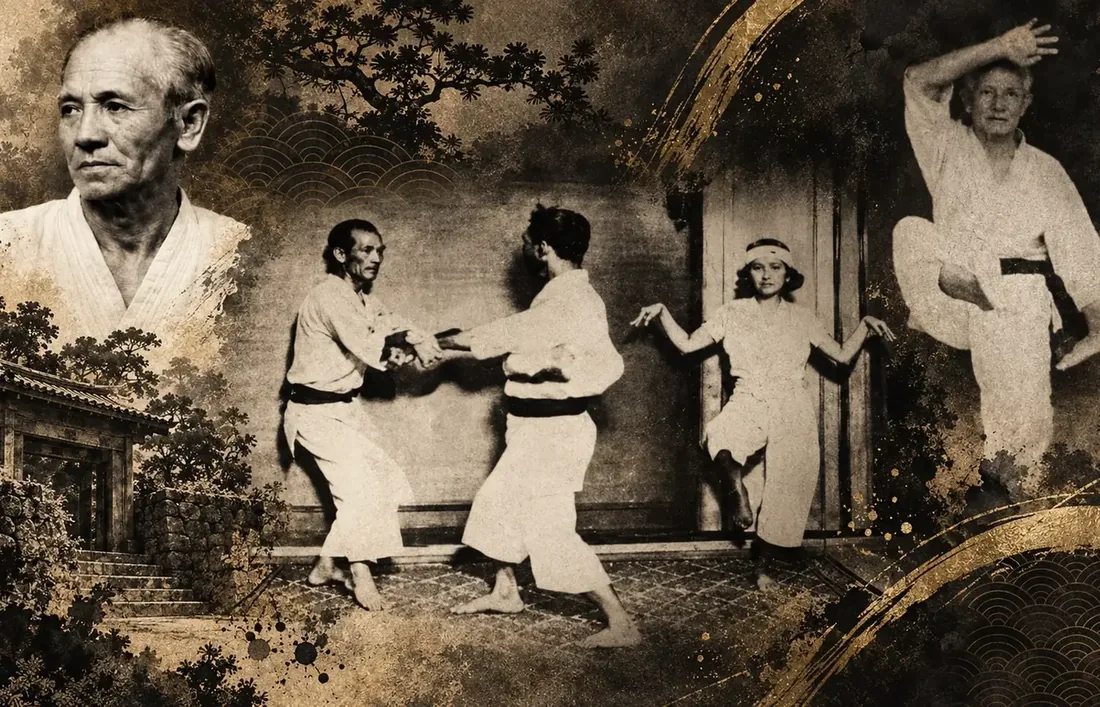 Umelecké spracovanie čínsko-okinawského kontextu. Nie je historickou fotografiou ani stránkou Bubishi. Zdroj: autor
