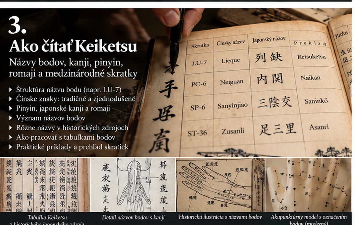 Ako čítať Keiketsu – názvy bodov, kanji, pinyin, romaji a medzinárodné skratky