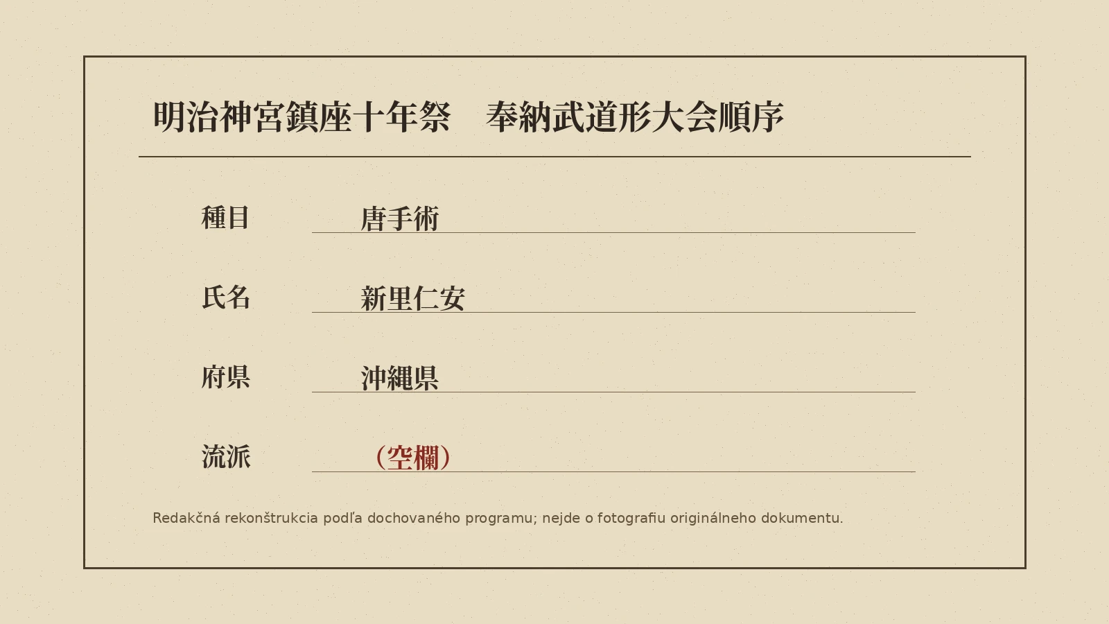 Redakčná rekonštrukcia relevantného riadku programu Meiji Jingū 1930 so Shinzatom a prázdnou kolónkou ryū