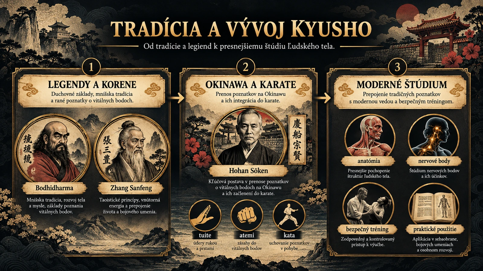 Tradícia, legenda a historický prenos myšlienok od Bodhidharmu cez Zhang Sanfenga a Hohana Sokena po moderné Kyusho