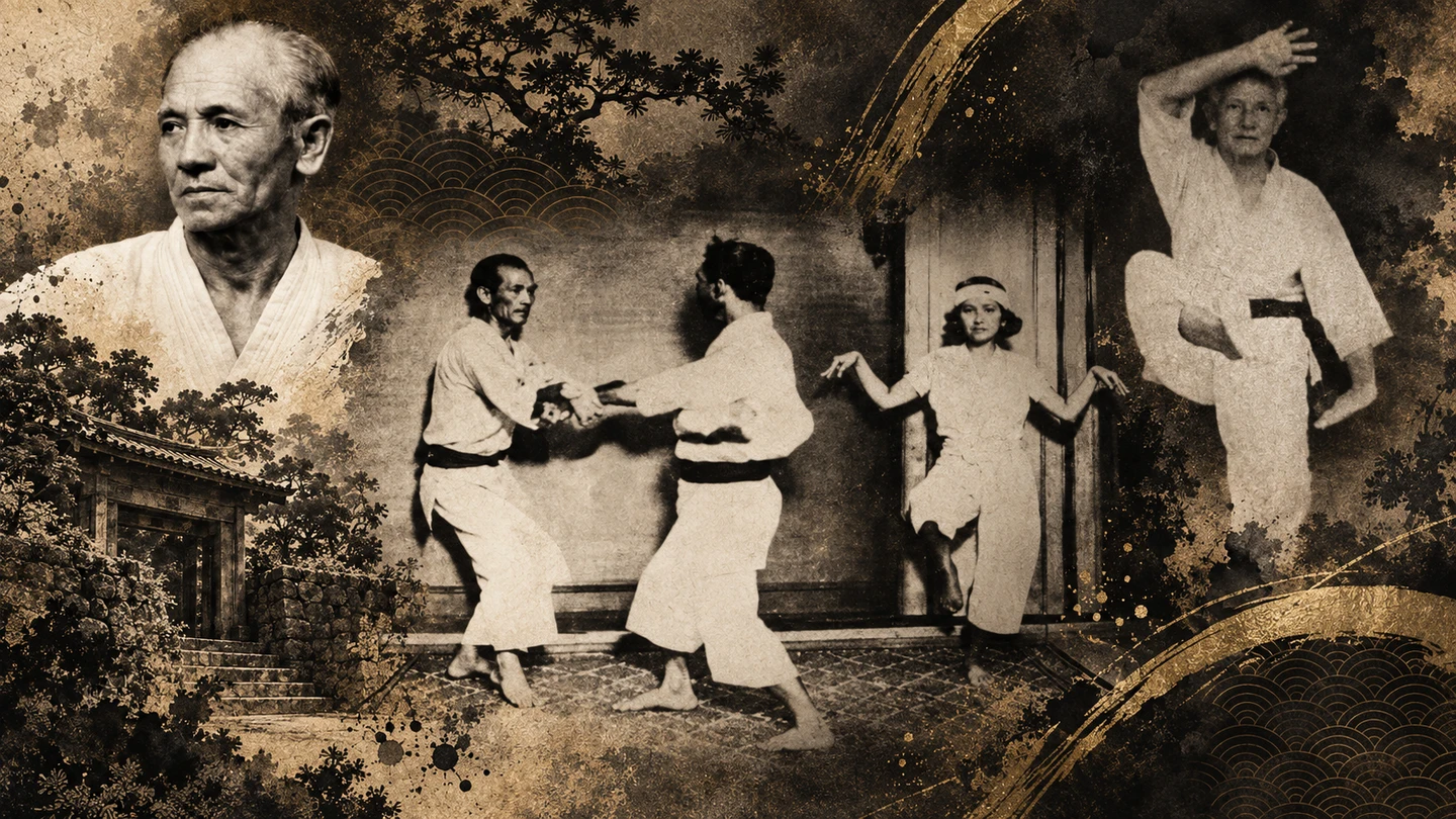 Umelecká koláž venovaná odkazu Seiko Higu, Shodokanu a starému okinawskému karate